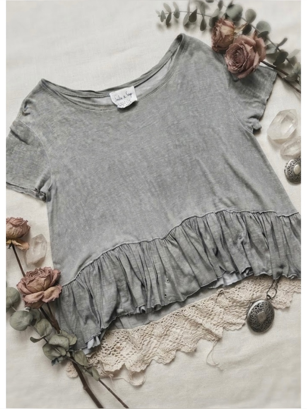 Sadie & Sage Distressed Wide Neck Cropped Peplum Top Sage Gray *Flaw*